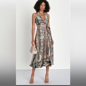 Lulus Eclectic Aesthetic Black Multi Floral Print Wrap Midi Dress - medium - NWT